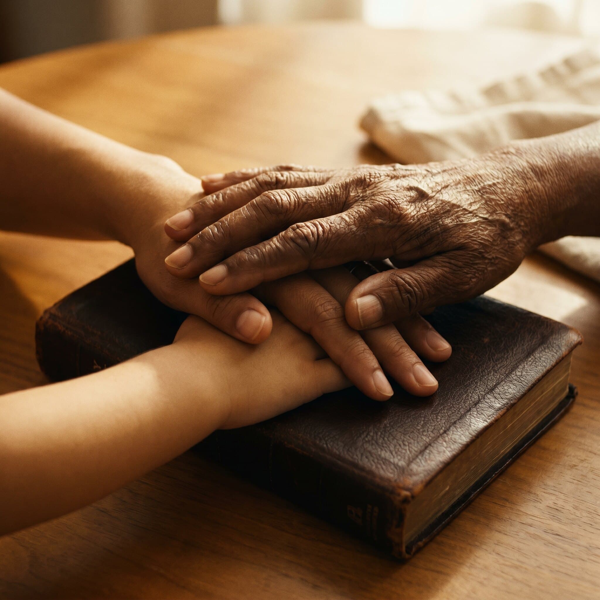 Tres generaciones de manos sobre una Biblia, símbolo del legado adventista