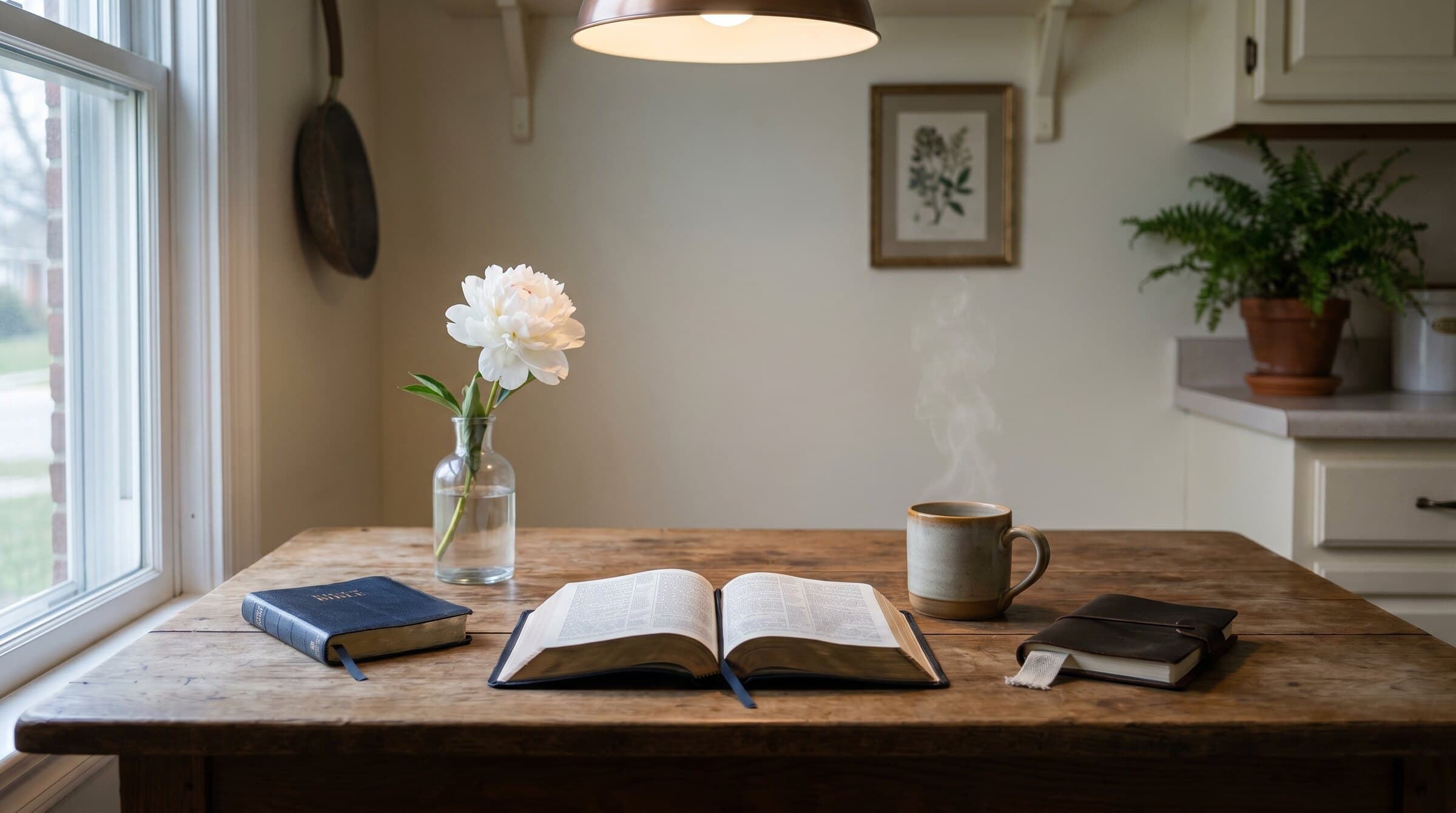 Escena de devoción matutina en una cocina: Biblia abierta, taza de té caliente, diario y flor blanca