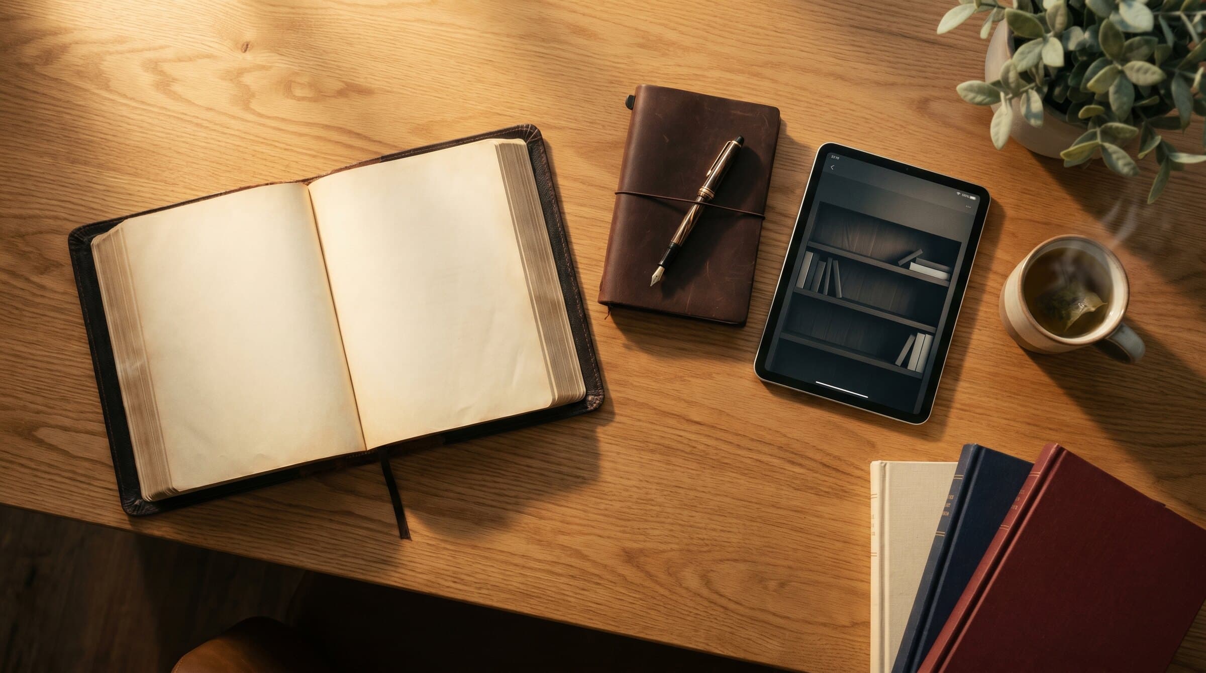 Escritorio de estudio con Biblia abierta, diario de cuero, tablet y libros, luz dorada de tarde