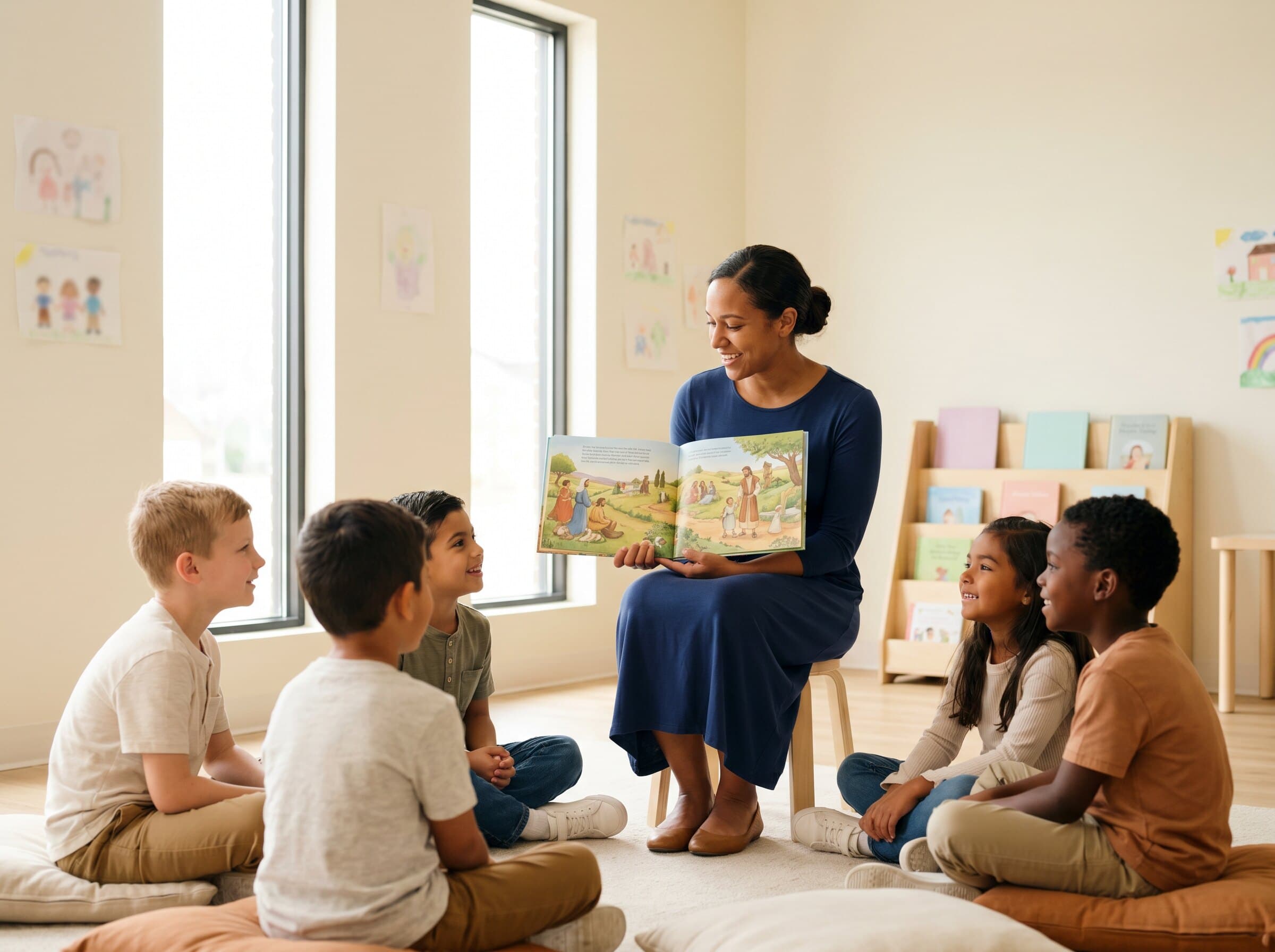 Maestra brasileña enseñando a un círculo de niños en escuela sabática
