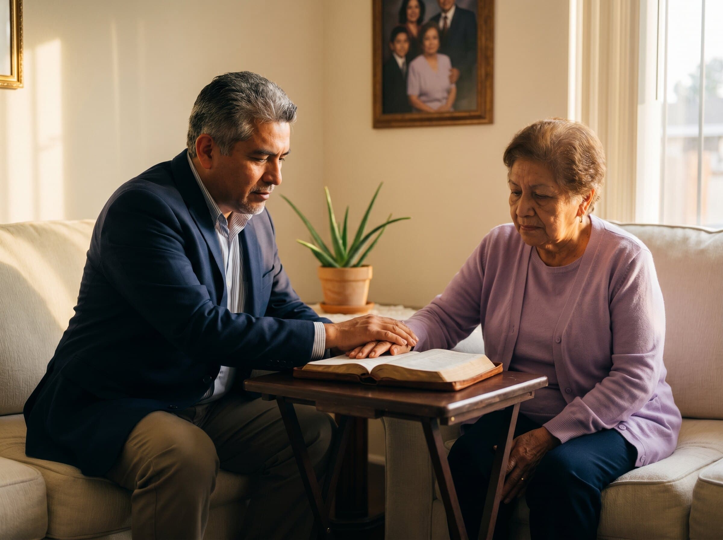 Pastor visitando a una hermana mayor en su hogar