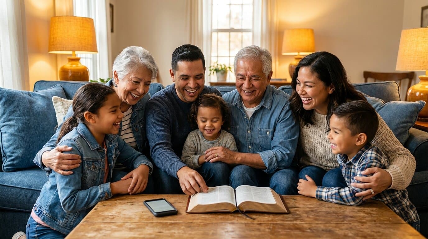 Familia adventista multigeneracional reunida en casa el sábado con una Biblia